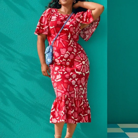 Euc Rhode x Target Zinnia Floral Tropical Prints Bell Sleeve Midi Dress - Picture 1 of 12